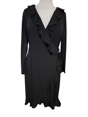 Thalia Sodi Black Long Sleeve Ruffle Wrap Dress Size M Deep Black Cocktail Party